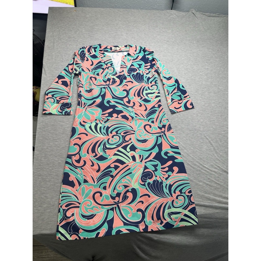 Katherine Way Women's Blue/Coral Geometric Print‎ Dress S